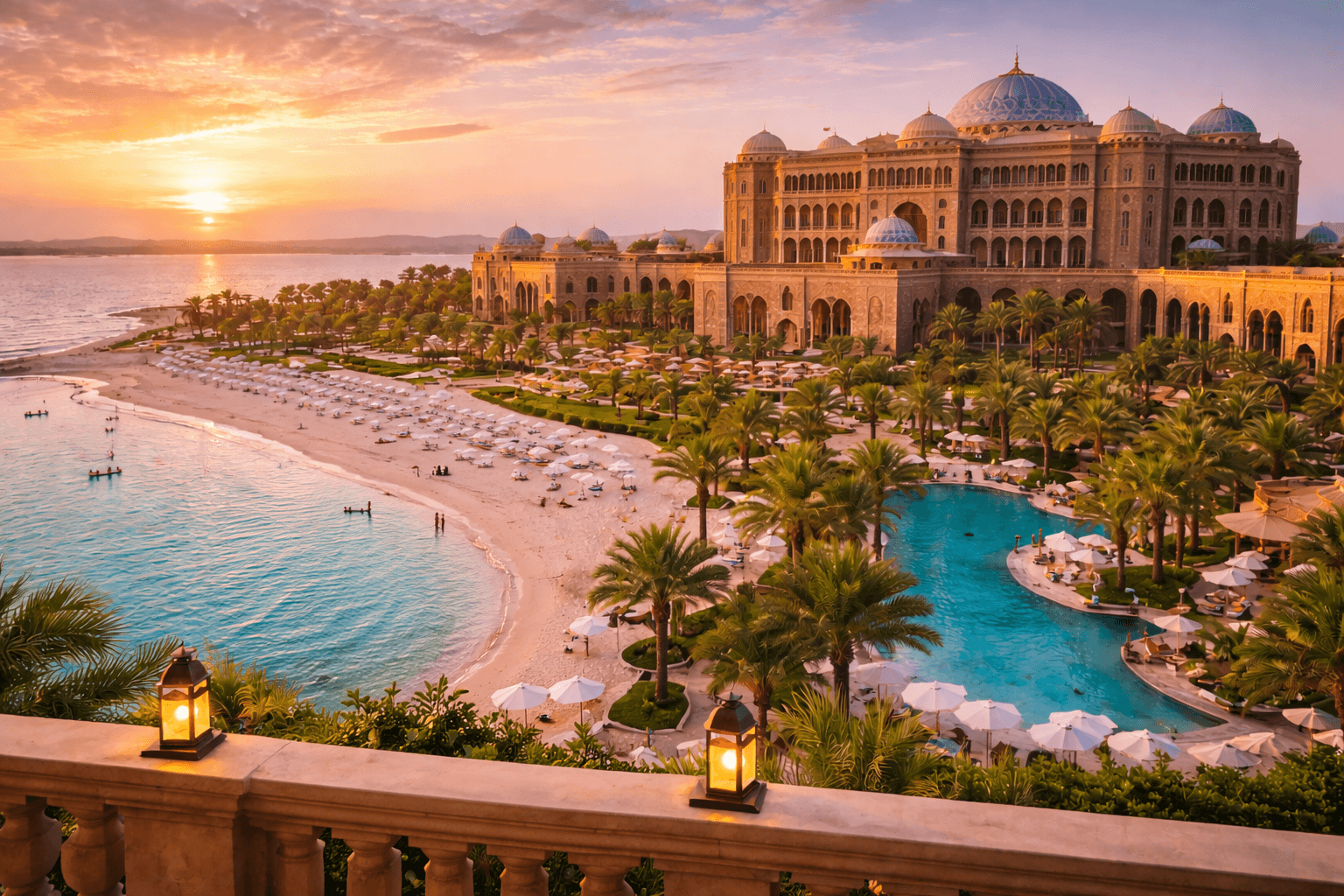 Emirates Palace Mandarin Oriental luxury beachfront resort in Abu Dhabi at sunset