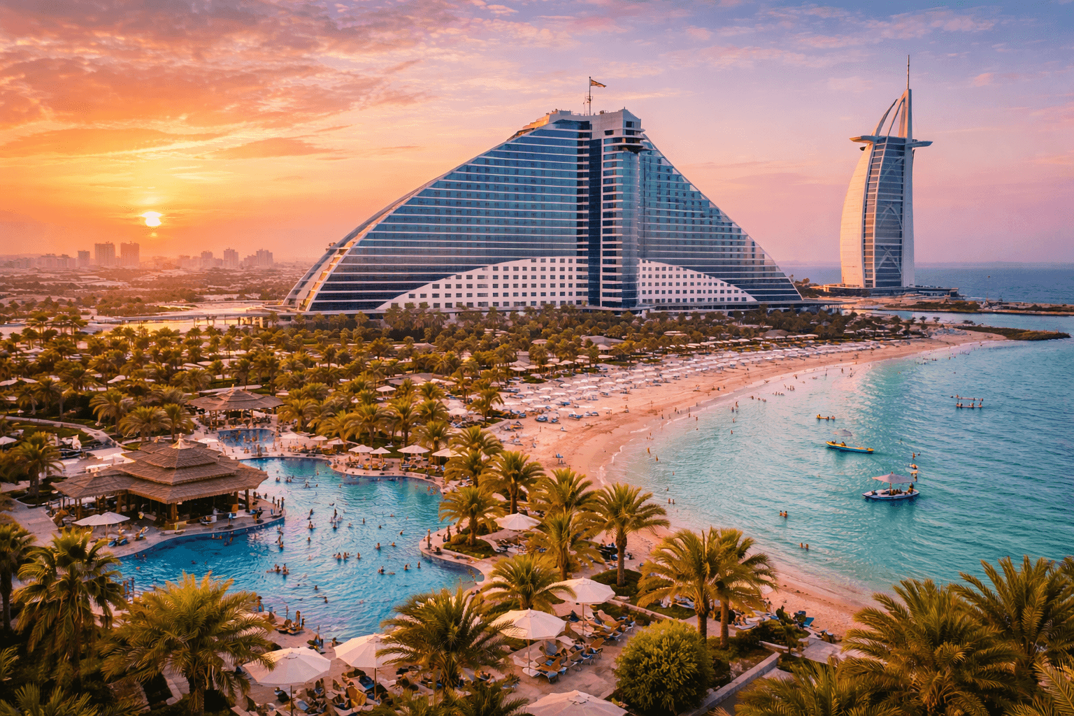 umeirah Beach Hotel Dubai with beachfront pools and Burj Al Arab views at sunset