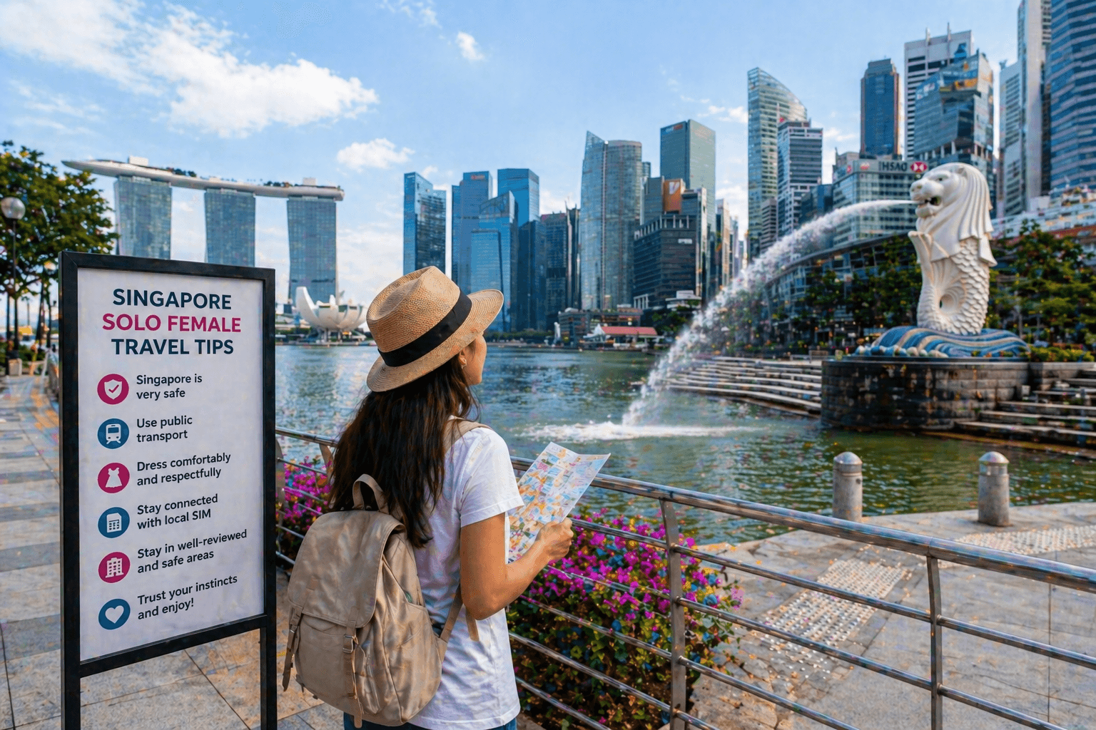 Singapore solo female travel tips with woman exploring Marina Bay safely and confidently in the city