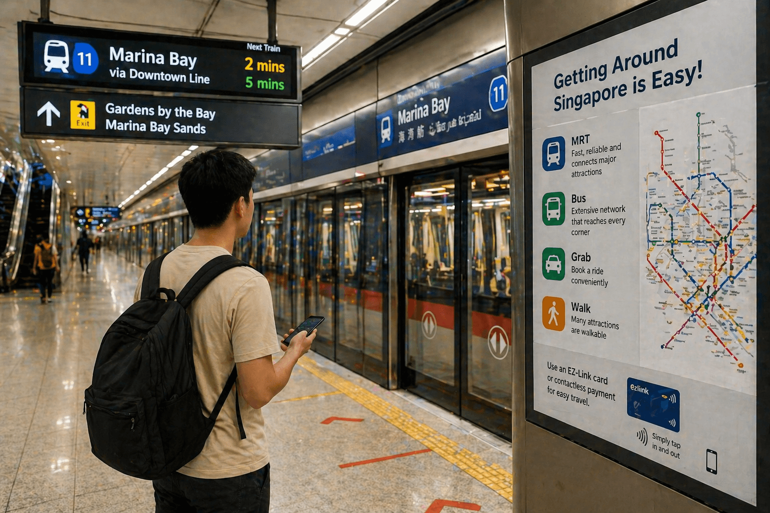 how to get around on Singapore solo travel using MRT train system with modern station and public transport