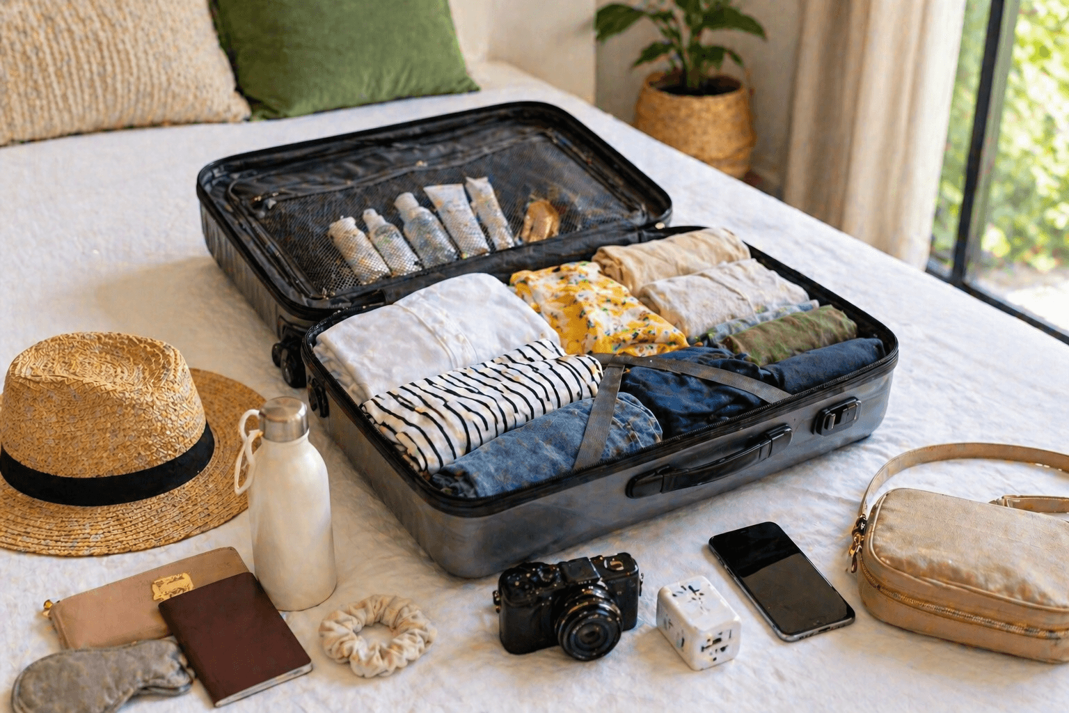 Singapore packing list essentials with suitcase, clothes and travel accessories for what to pack for Singapore trip