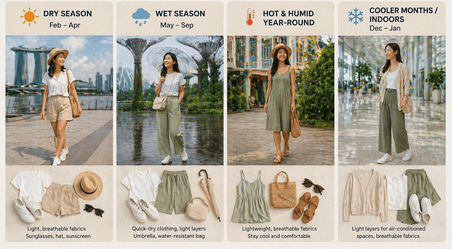 what to wear in Singapore weather with light breathable outfits and summer clothing for humid tropical climate