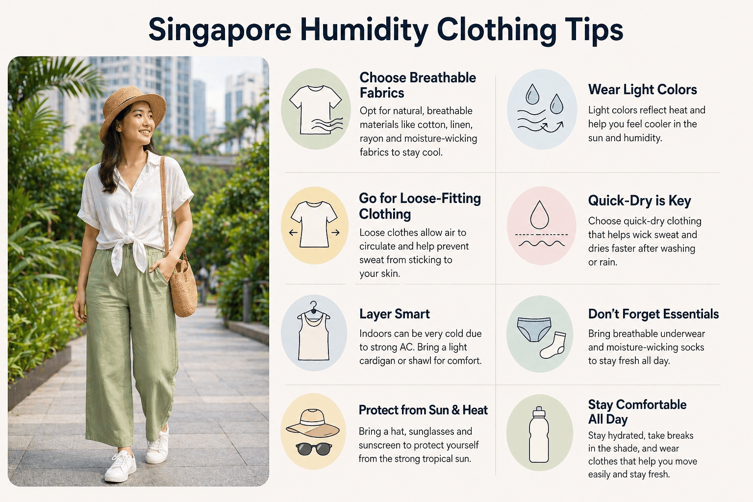 Singapore humidity clothing tips with breathable fabrics and lightweight outfits for hot and humid weather