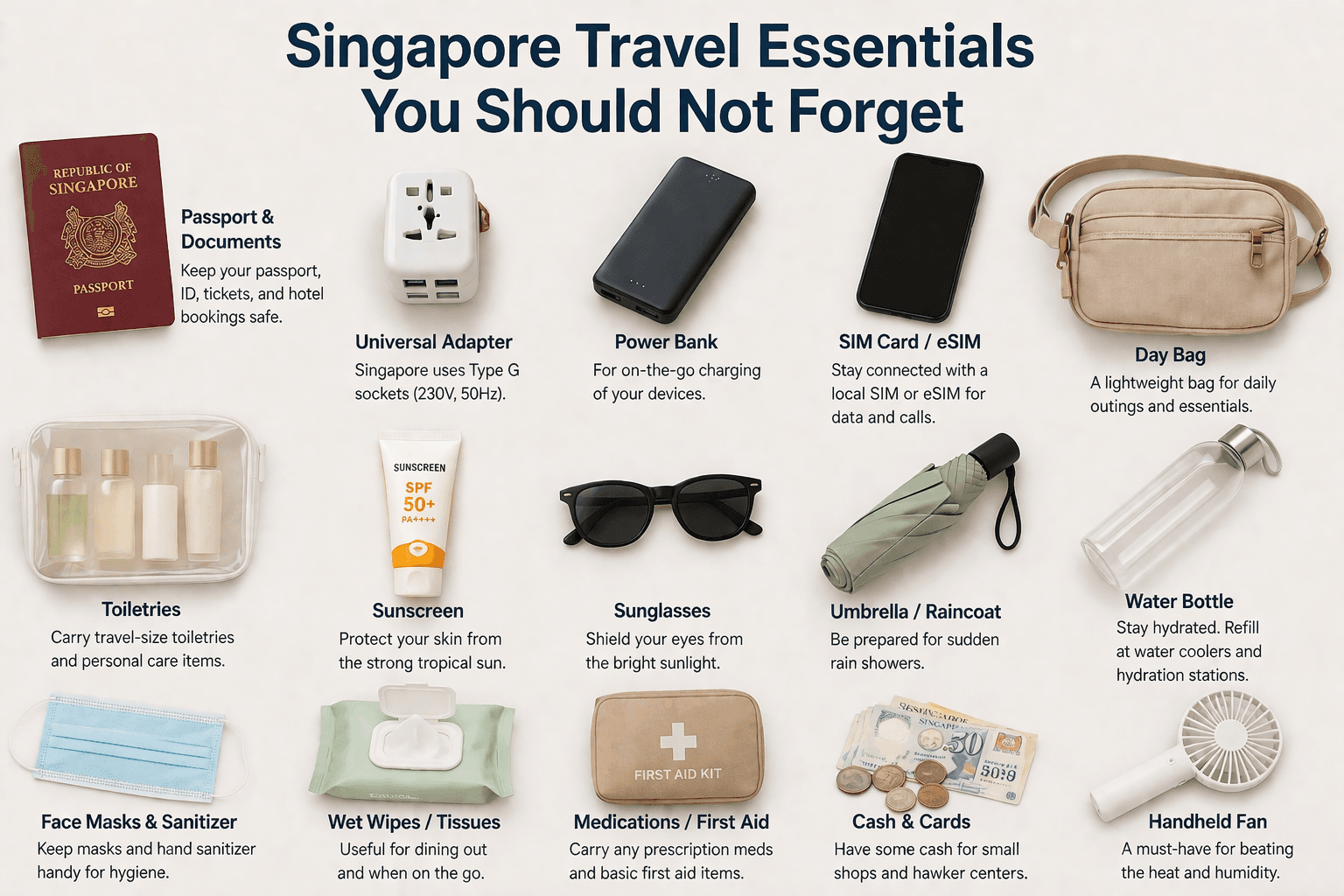Singapore travel essentials checklist with passport, sunscreen, adapter and items to bring to Singapore trip