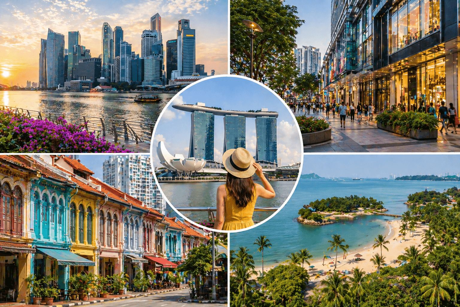 where to stay in Singapore for first time visitors showing Marina Bay skyline, Orchard Road shopping and Sentosa beach views
