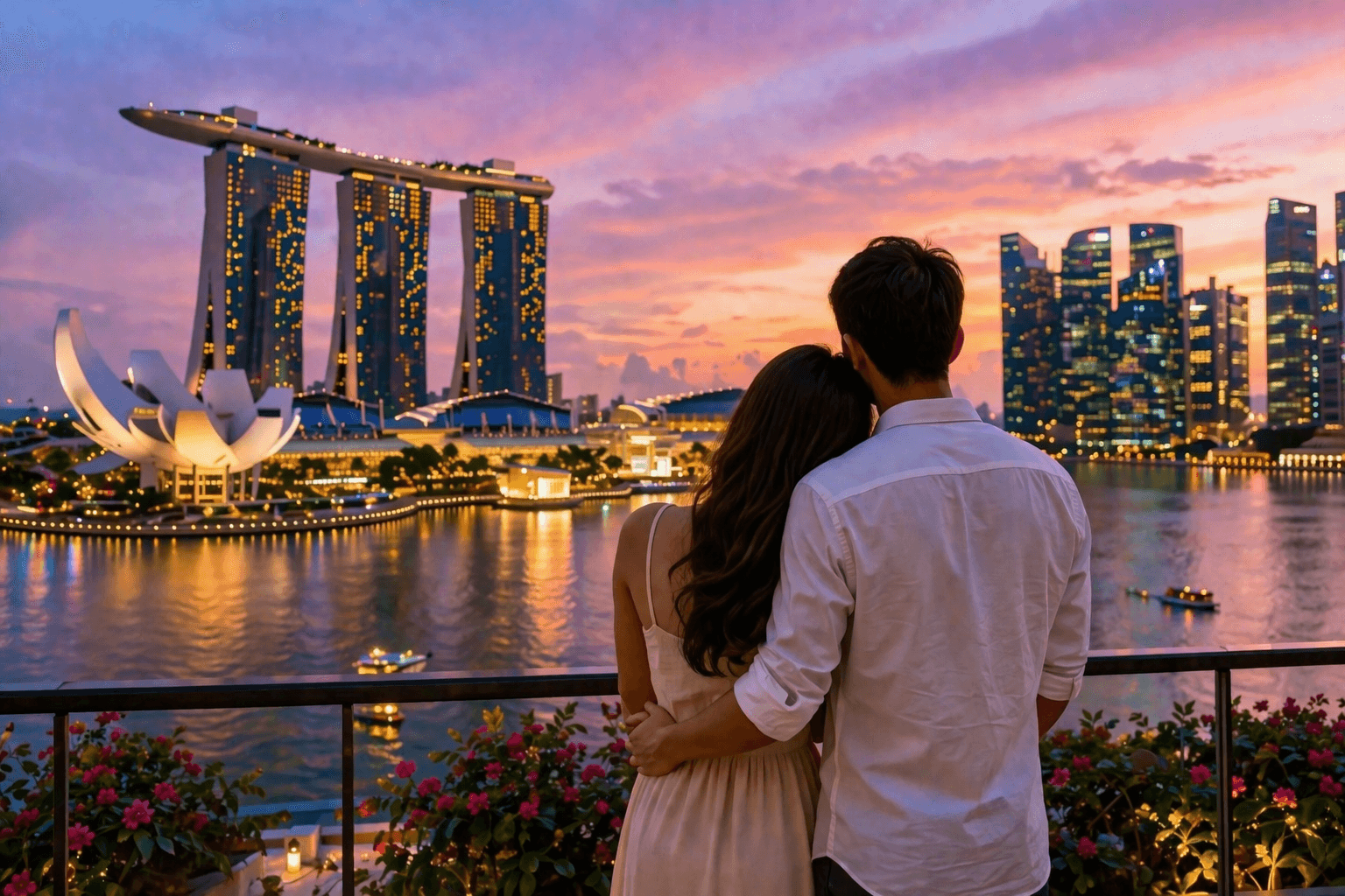 Singapore honeymoon romantic skyline view with couple at Marina Bay sunset showing why Singapore is good for honeymoon