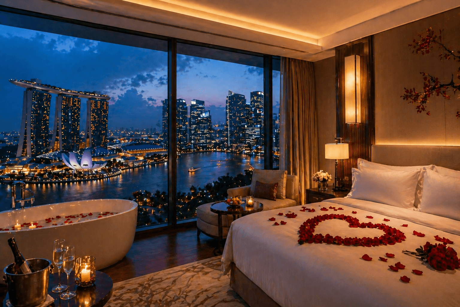 Luxury hotel room with rose petals and Marina Bay skyline view at night.