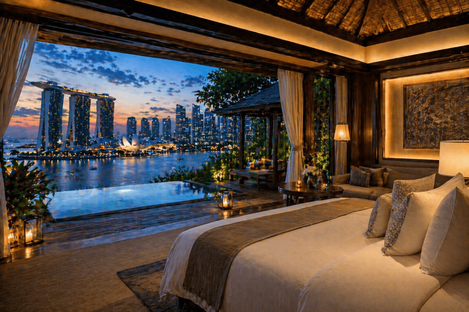 Luxury Singapore honeymoon resort suite with infinity pool and panoramic Marina Bay skyline at sunset.