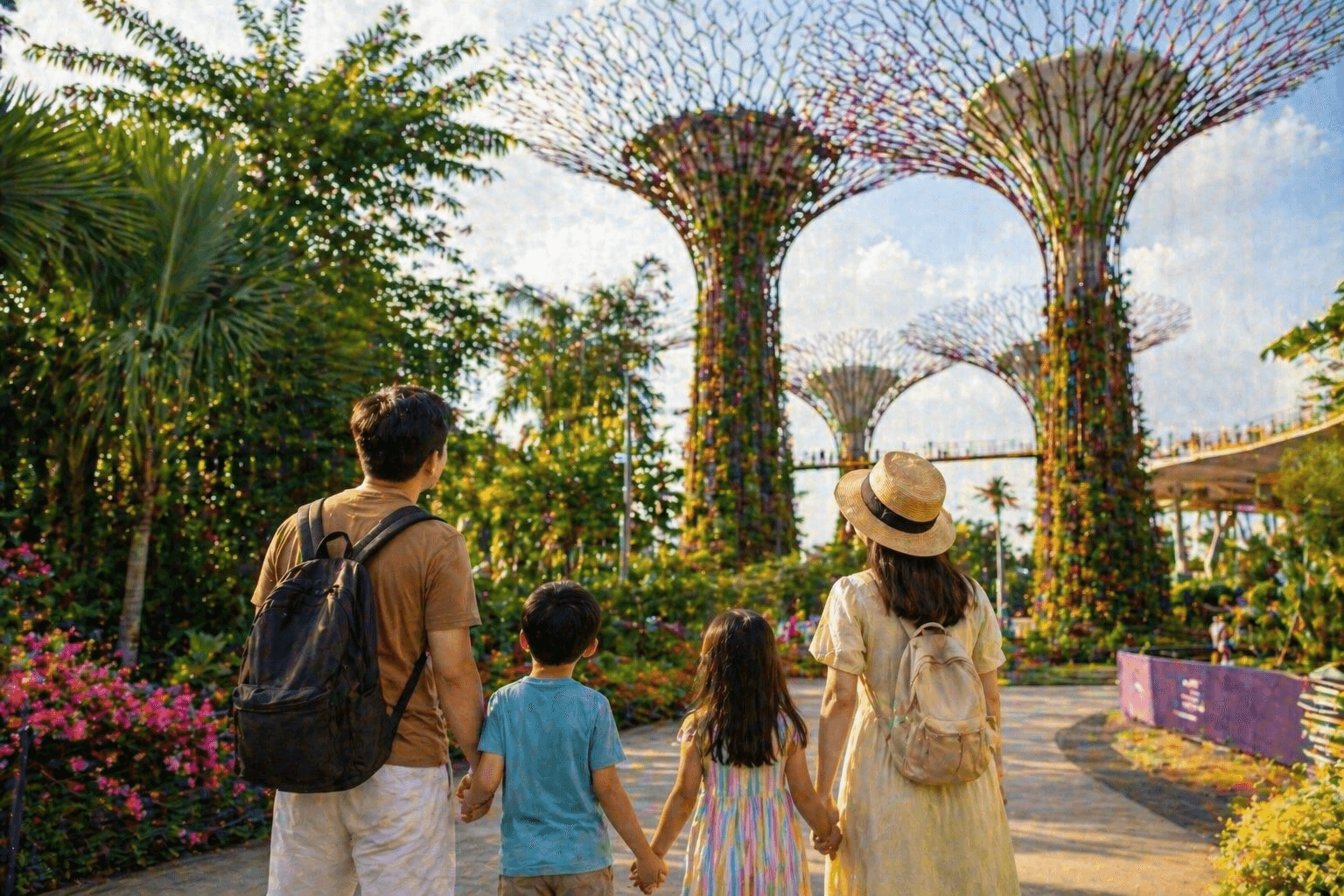 Family exploring Gardens by the Bay Supertrees in Singapore with kids on a sunny day.