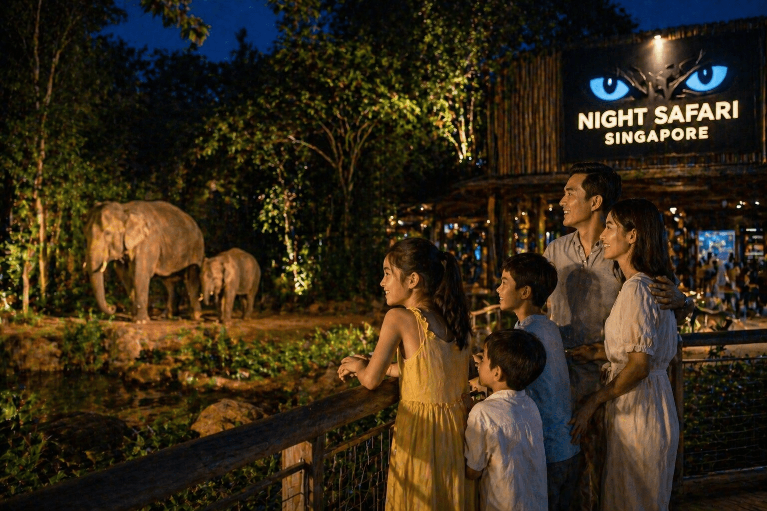 Family watching elephants at Singapore Night Safari under evening lights.