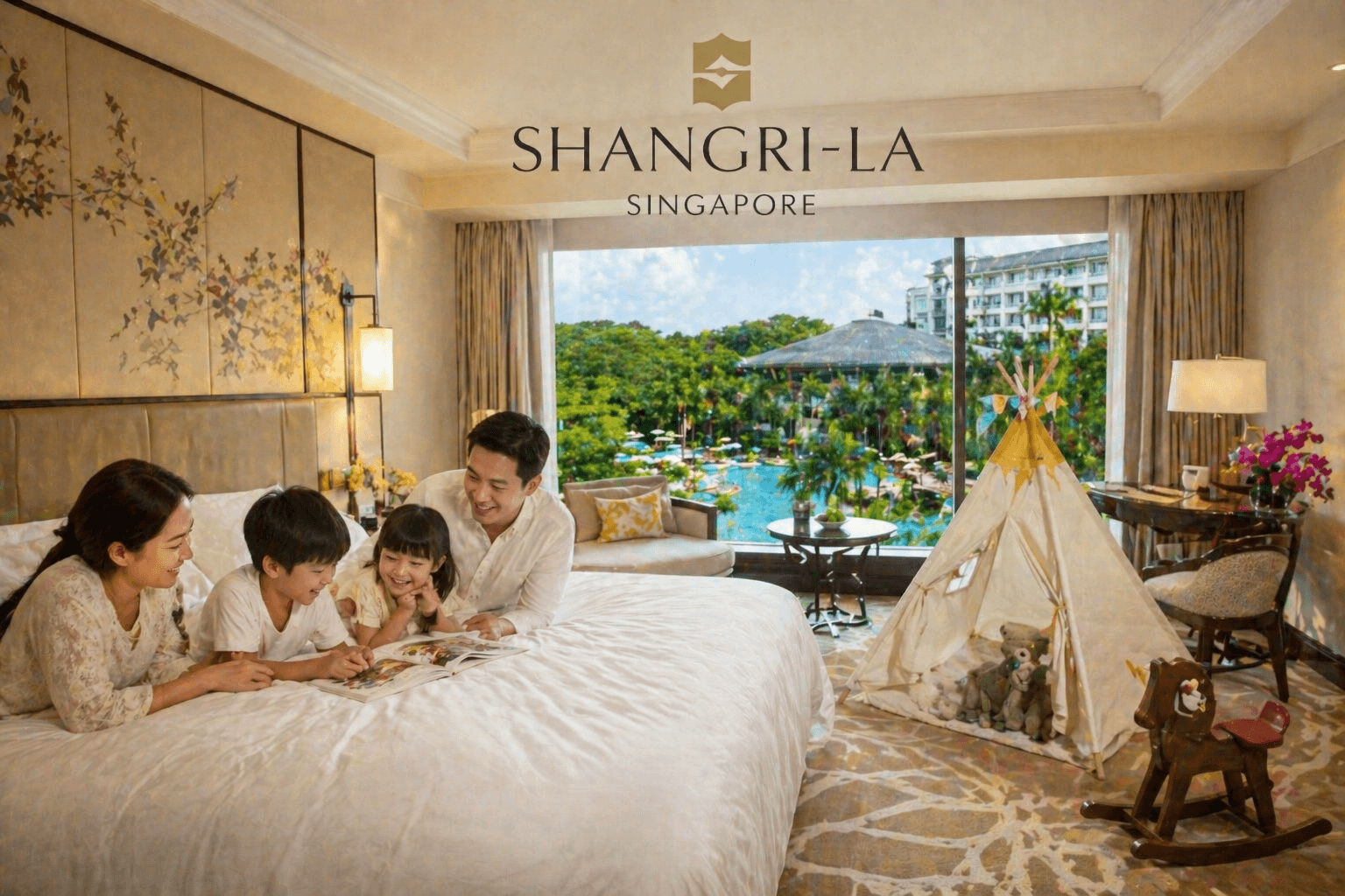 Family-friendly room at Shangri-La Singapore hotel with kids play area and modern interior.