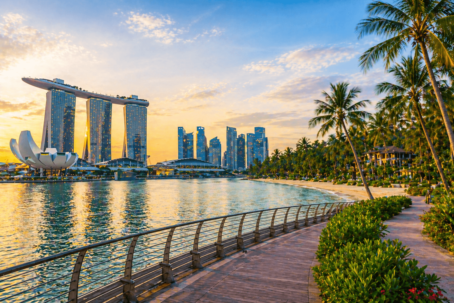 Marina Bay skyline and Sentosa beach promenade in Singapore at sunset.