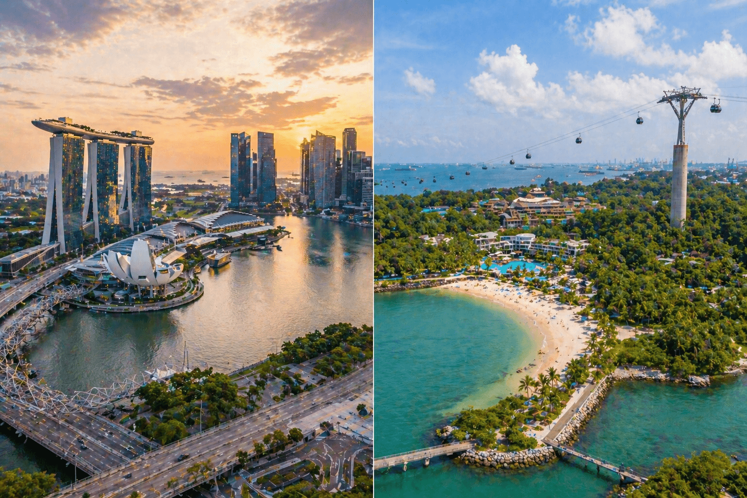 Marina Bay skyline and Sentosa Island beach aerial view in Singapore showing city and resort contrast.