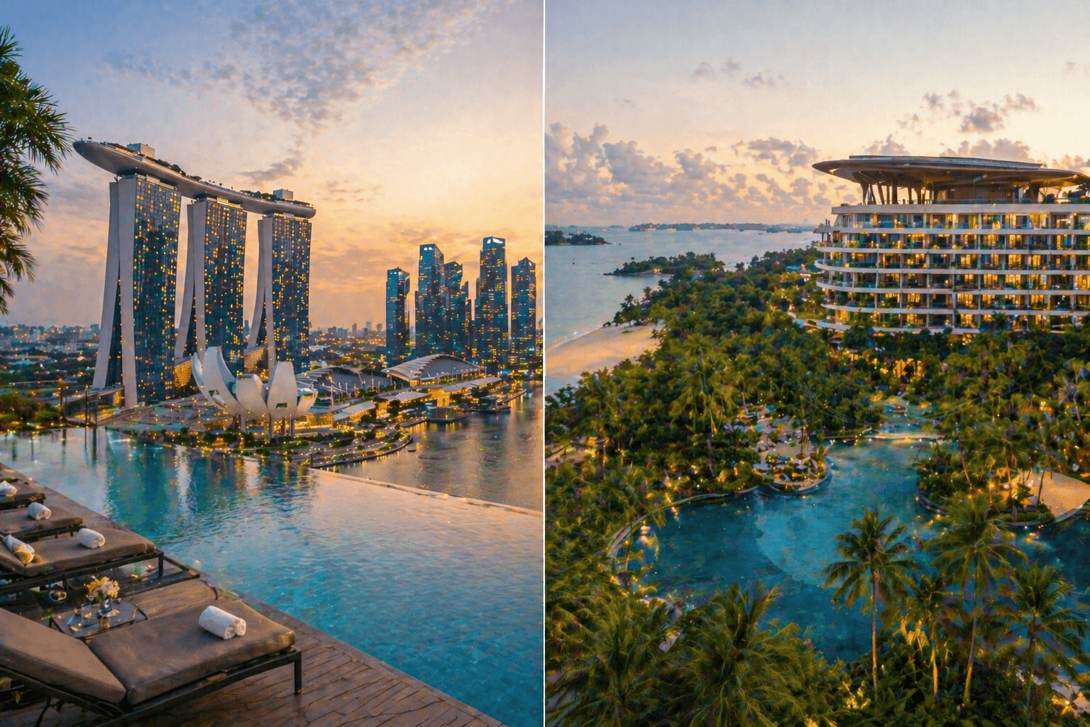 Luxury hotels in Marina Bay and Sentosa Singapore with skyline and tropical resort views at sunset.