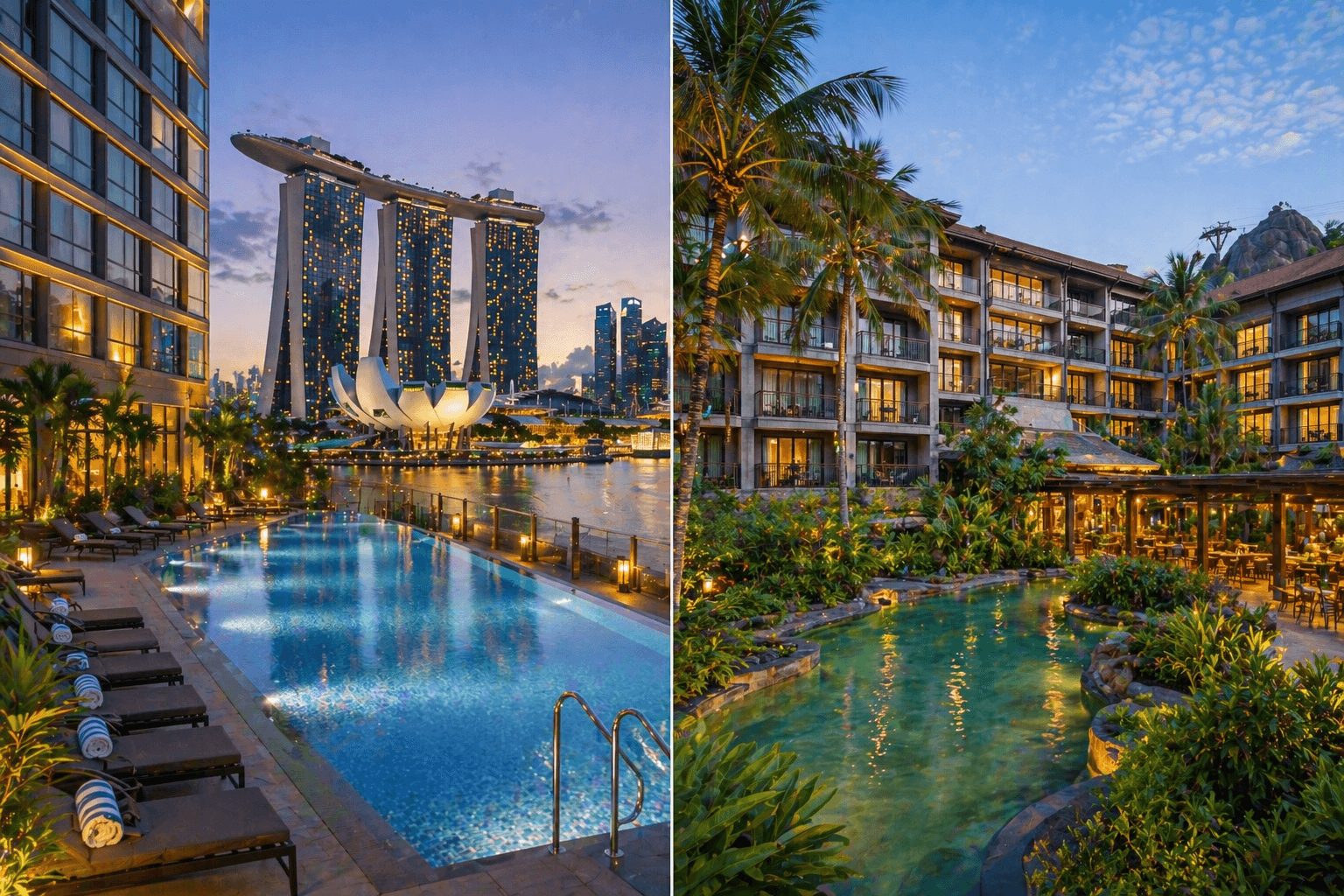 Mid-range hotels in Marina Bay and Sentosa Singapore with city skyline and resort pool views.