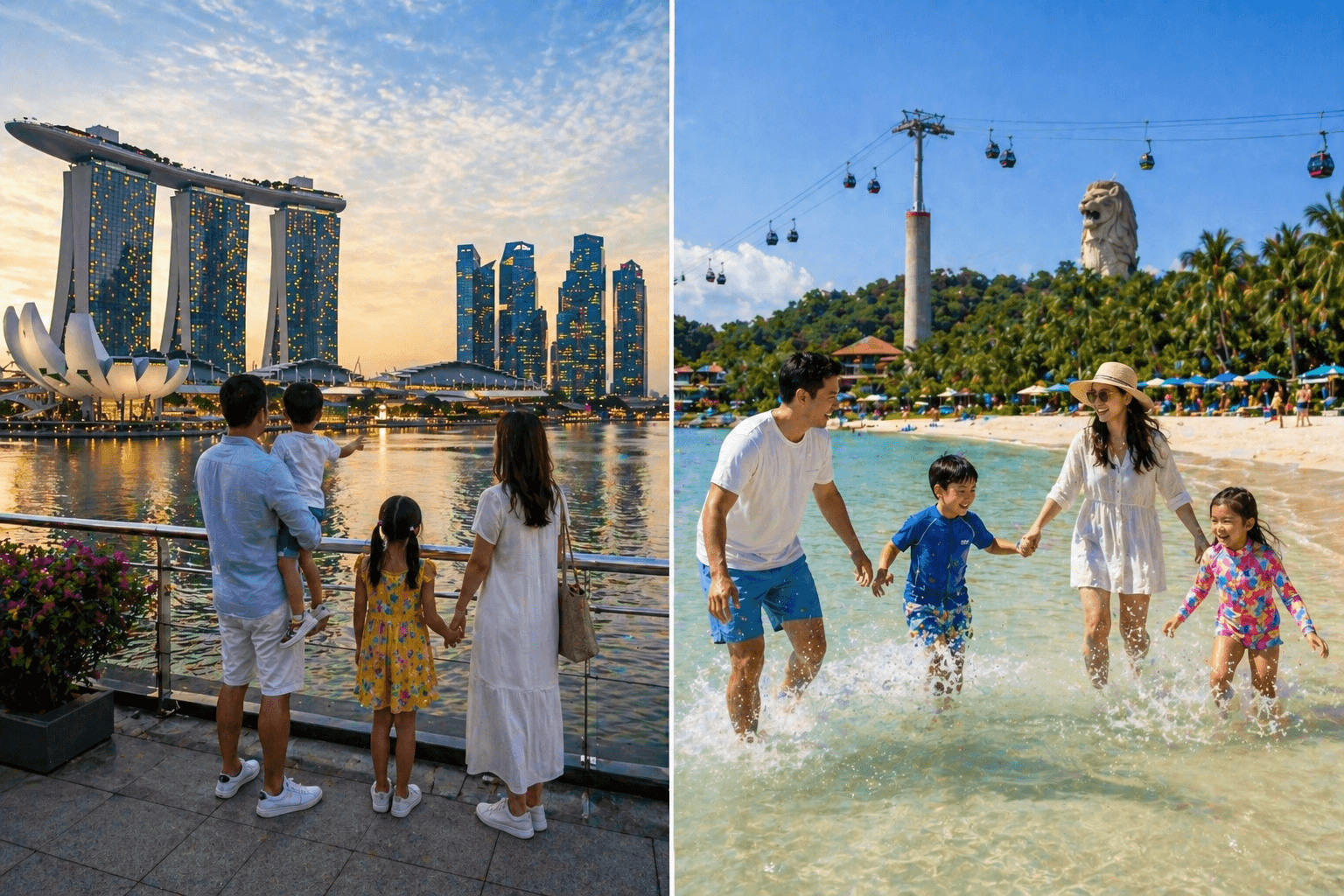 Families enjoying Marina Bay waterfront and Sentosa beach in Singapore.