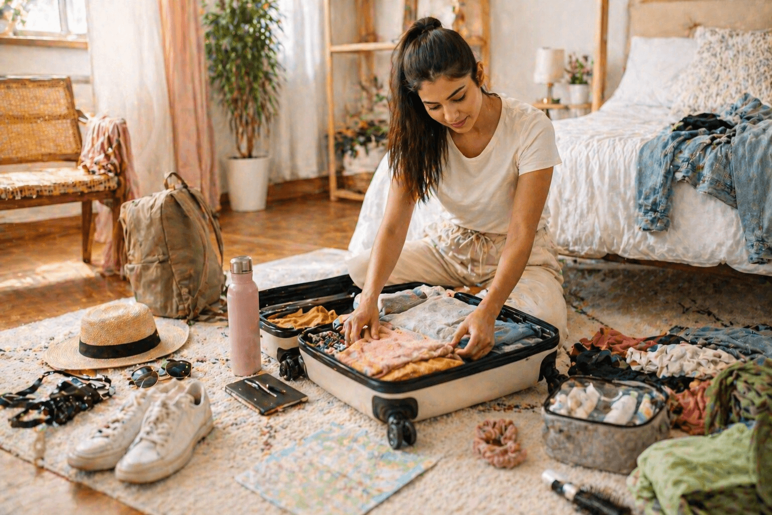 Woman packing suitcase with travel essentials in bedroom before trip to Malaysia