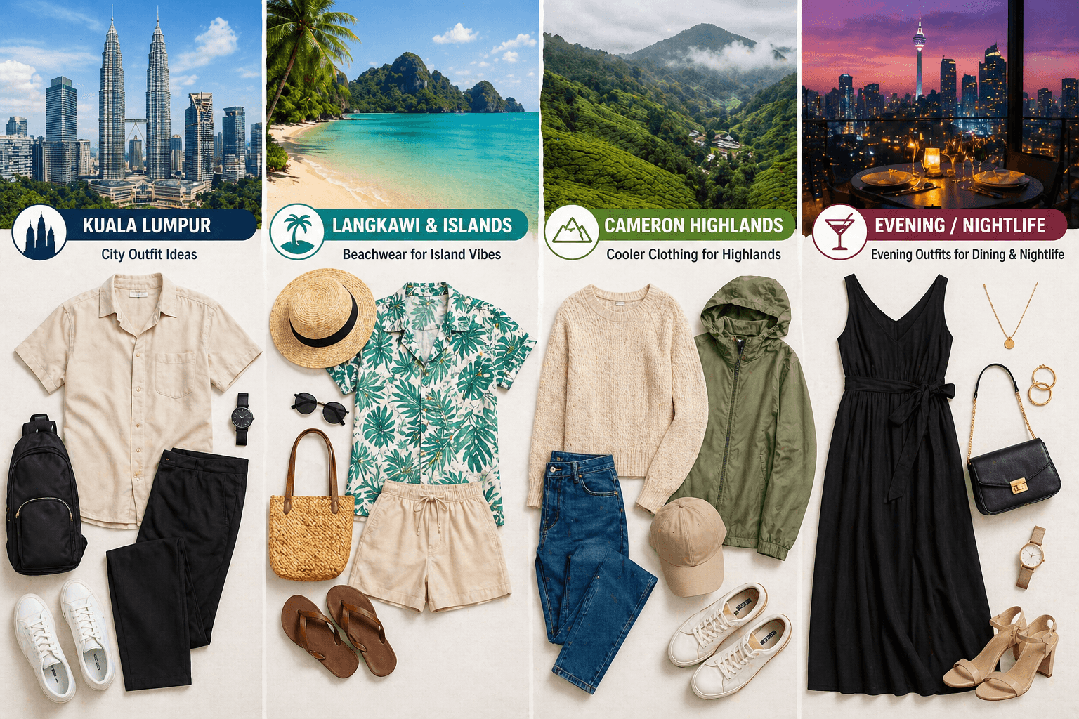 Flat lay collage of outfit ideas for different Malaysia destinations, including city wear, beachwear, cooler highland clothing, and evening outfits with matching accessories.