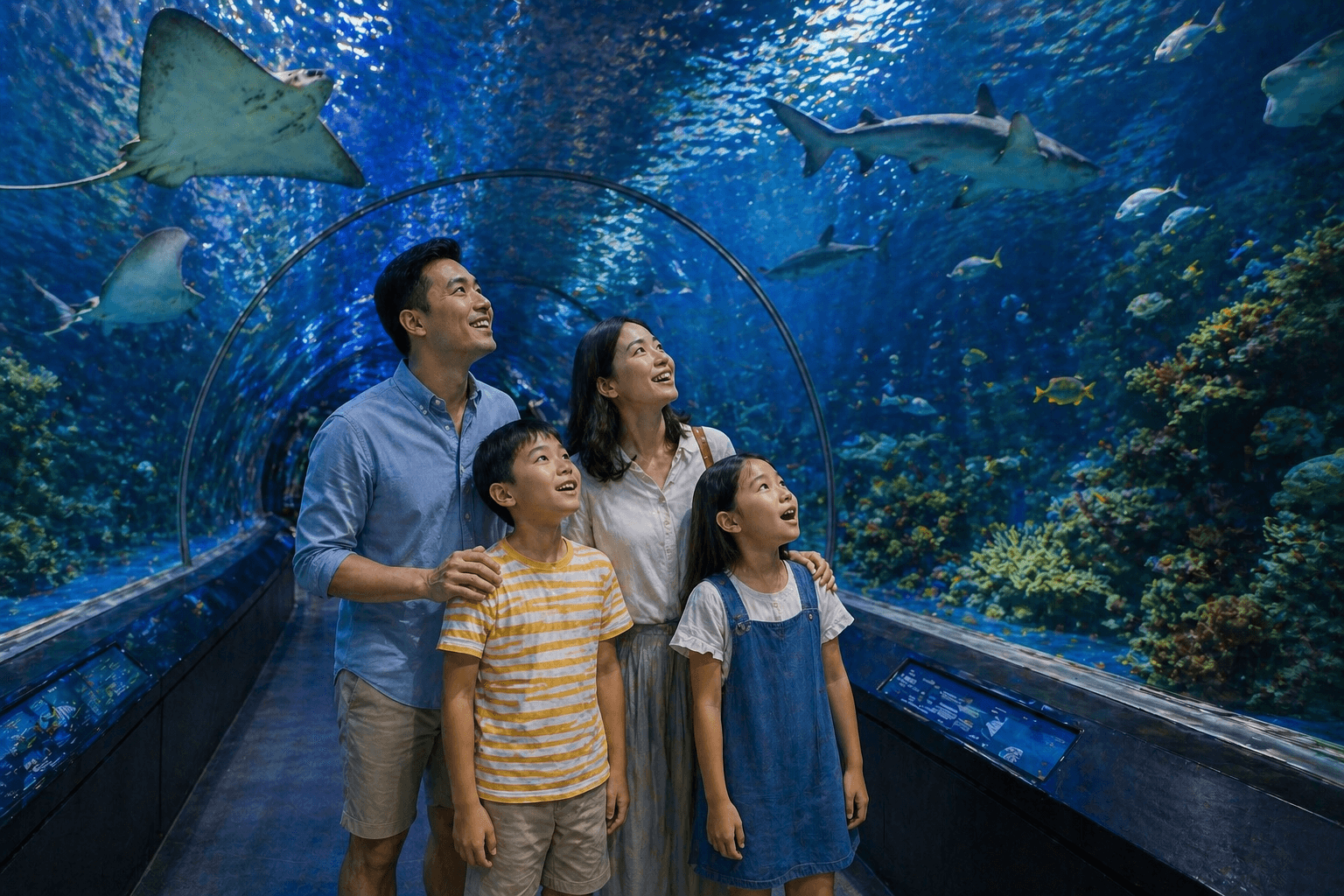 Family with children exploring an underwater aquarium tunnel, watching sharks and fish swimming overhead in a large marine exhibit.