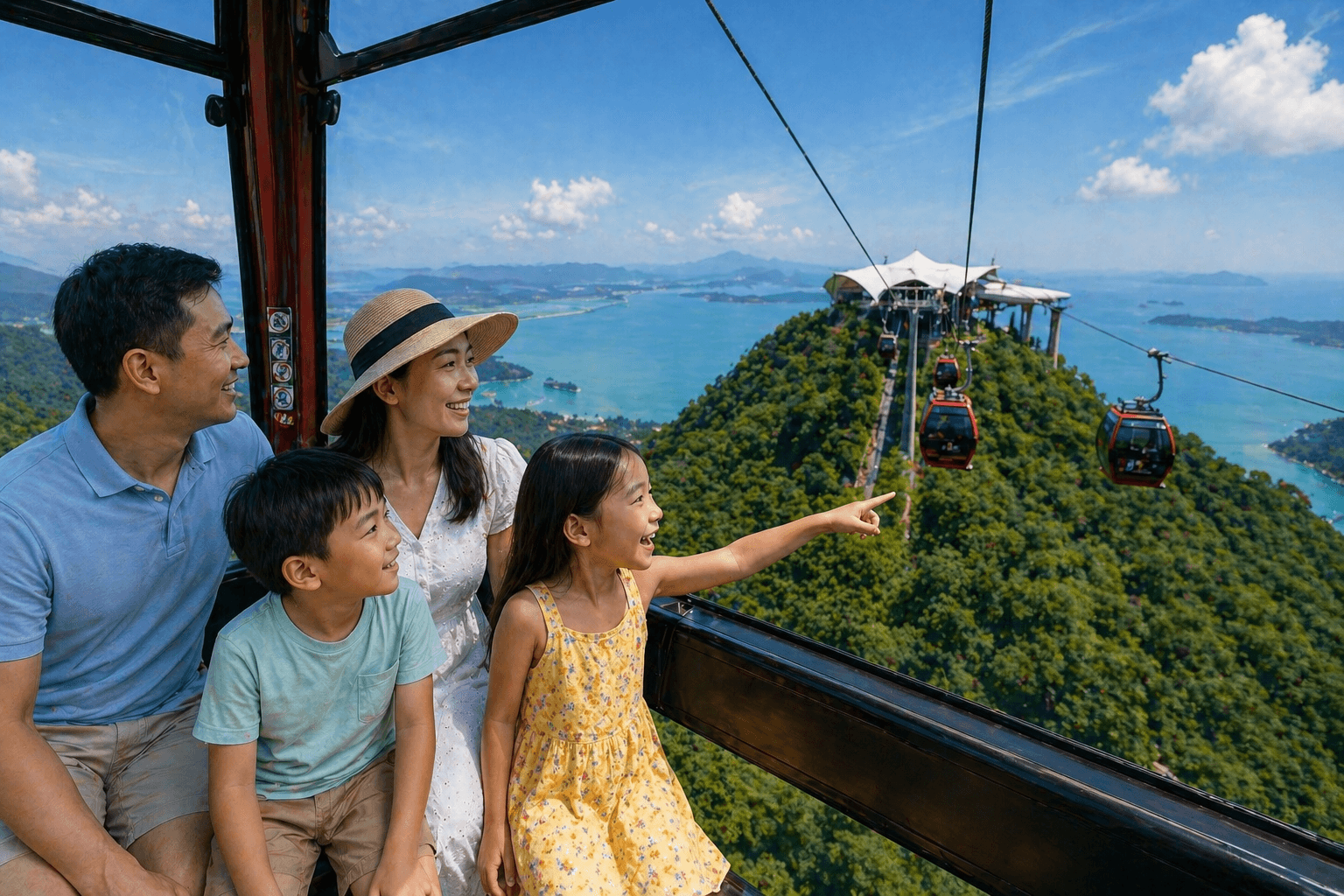 Family with children riding a cable car over lush green mountains and coastline, enjoying scenic views during a Langkawi cable car experience.