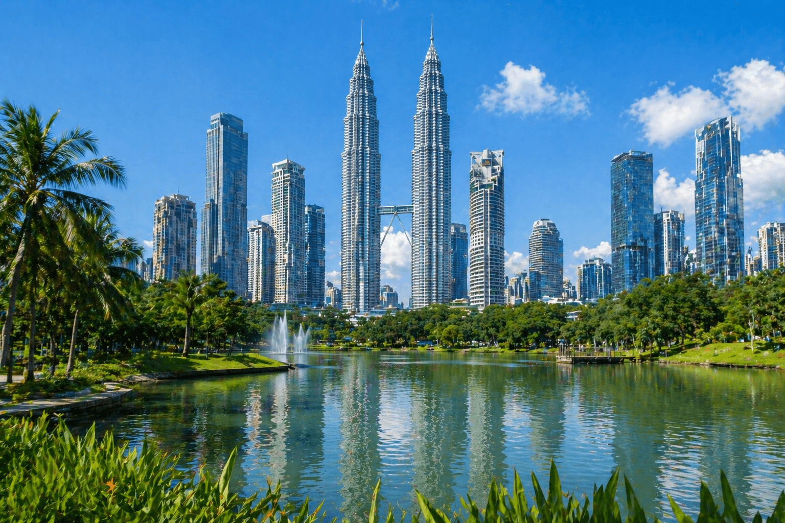Kuala Lumpur skyline with Petronas Twin Towers reflected in a lake, surrounded by green park and clear blue sky.