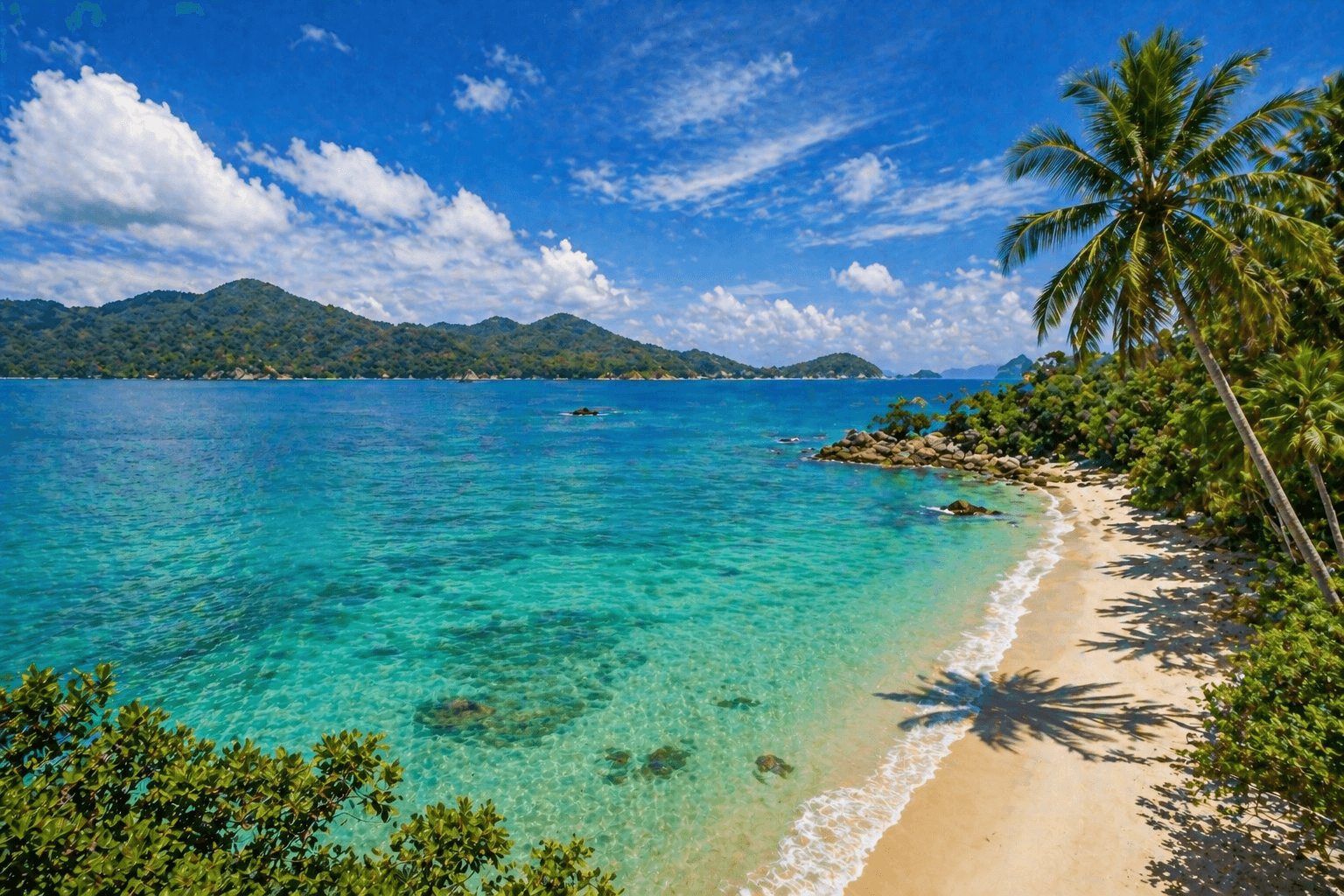Tropical beach in Malaysia with clear turquoise water, palm trees, and sunny skies, showing ideal travel weather conditions.