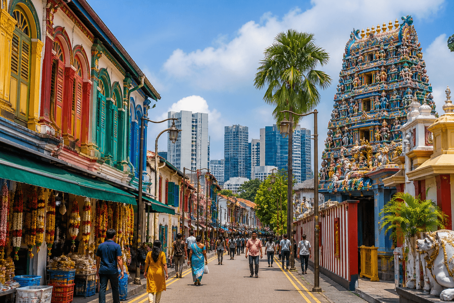 Colorful street scene in Little India Singapore with vibrant shophouses, a Hindu temple, and people walking through a lively market area.