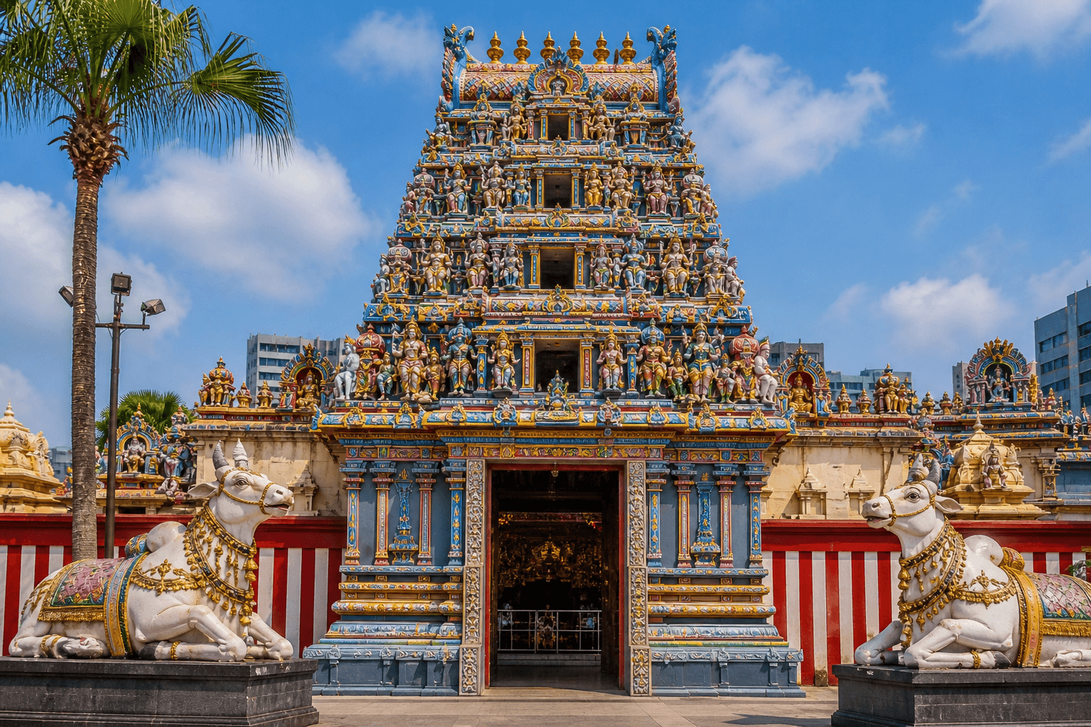 Sri Veeramakaliamman Temple in Little India Singapore with intricate colorful tower carvings and visitors at the entrance.