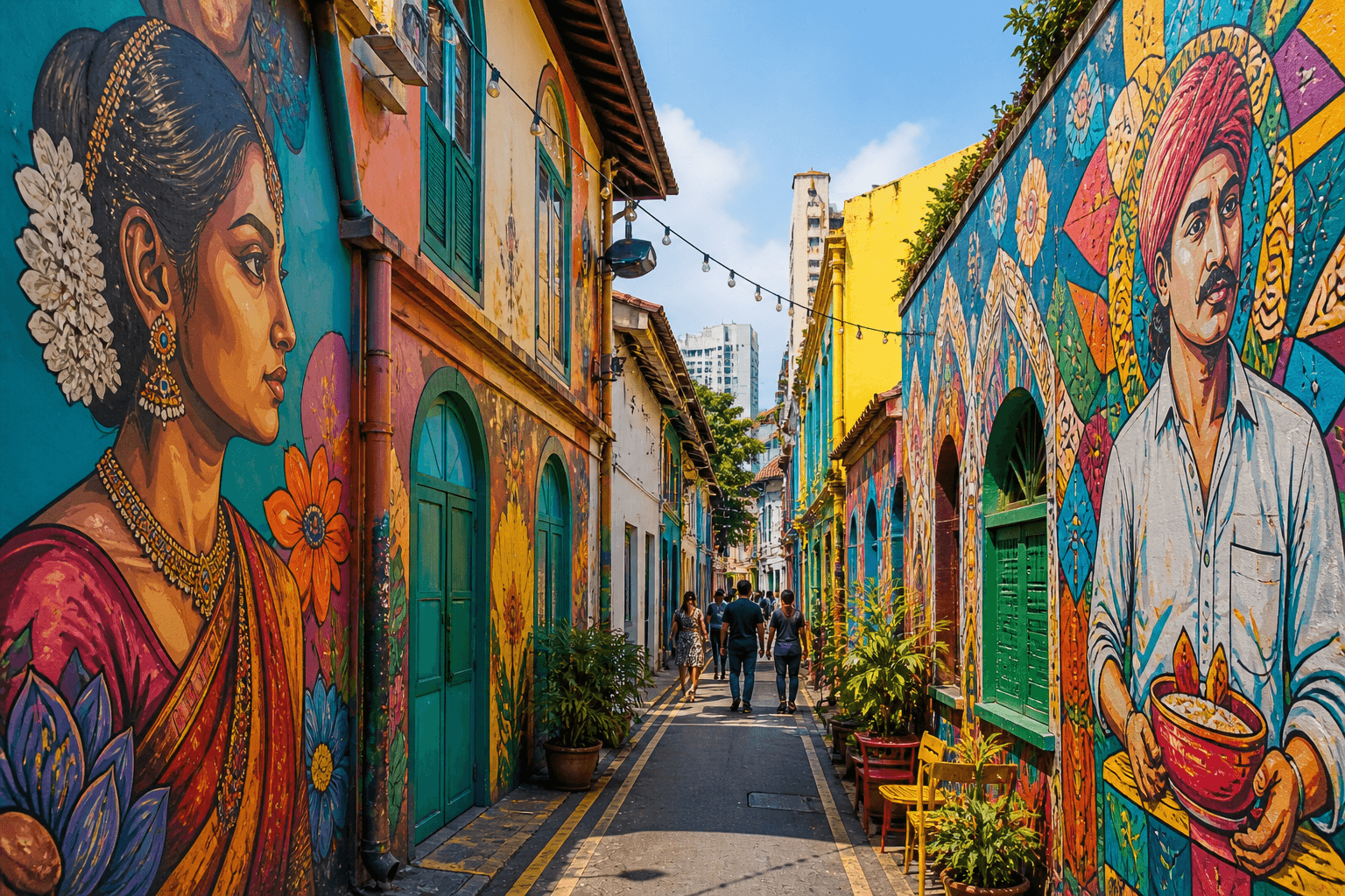 Colorful street art and murals in Little India Singapore with vibrant painted walls and people walking through a narrow alley.