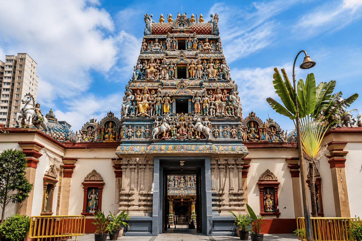 Colorful façade of Sri Veeramakaliamman Temple in Singapore, featuring an ornate gopuram filled with detailed Hindu deity sculptures under a bright blue sky.