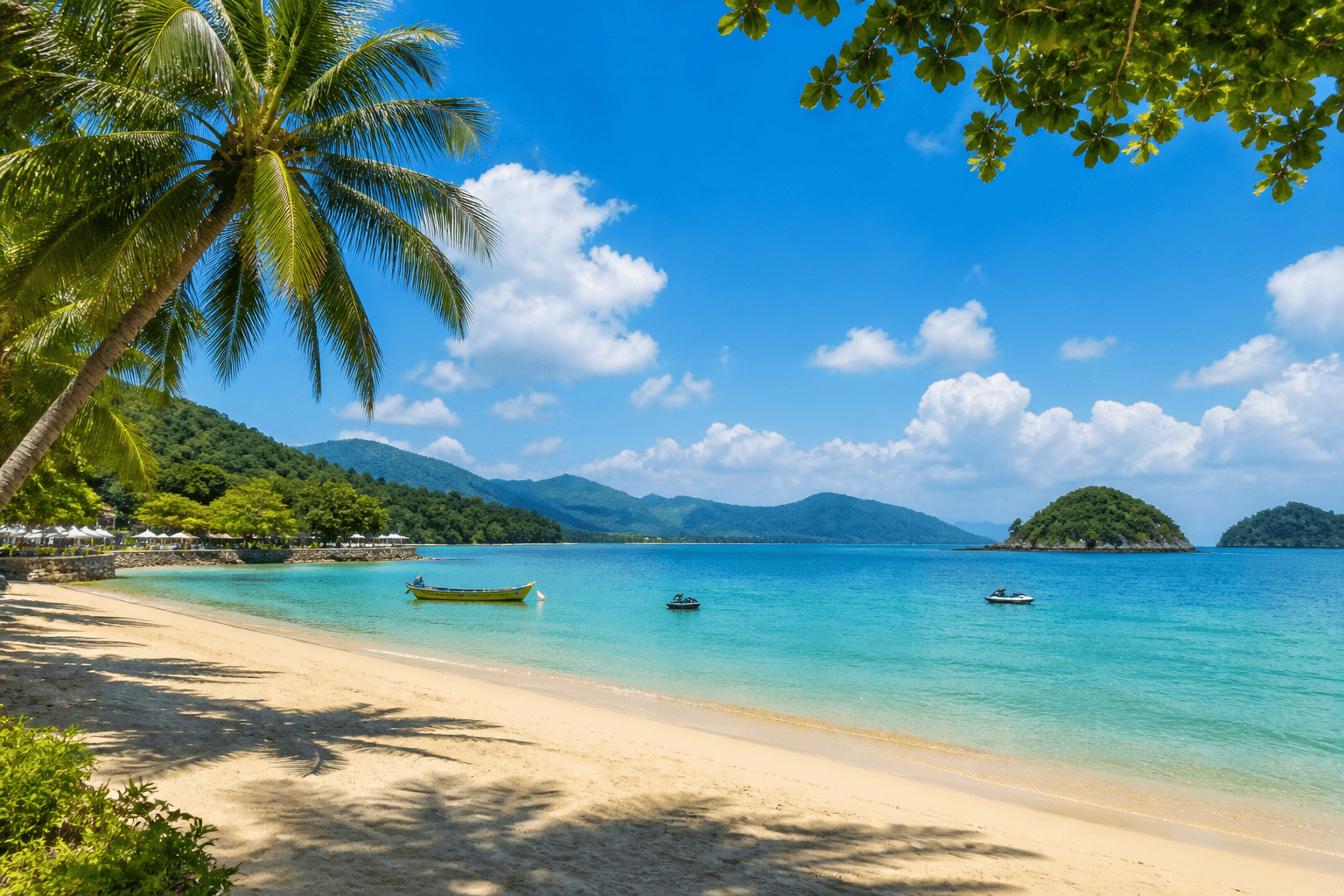 Sunny tropical beach in Langkawi with clear blue skies, calm turquoise water, and palm trees lining a sandy shoreline.