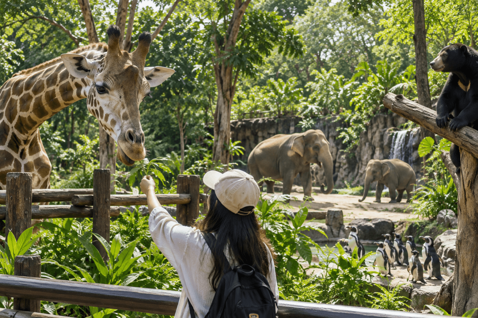Family exploring Zoo Negara Malaysia with giraffes, elephants, and other animals