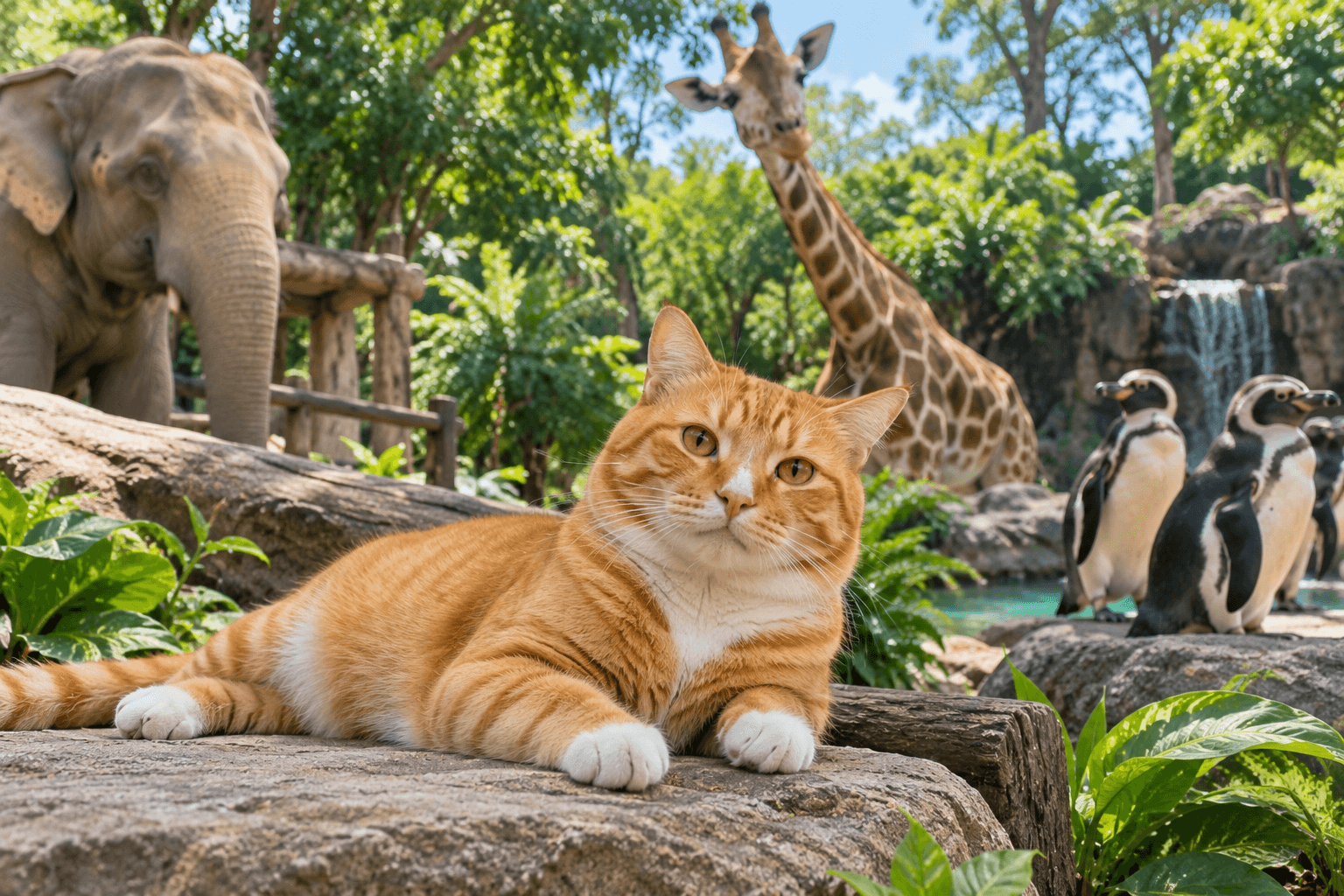 Orange tabby cat relaxing at Zoo Negara with giraffe, elephant, and penguins in the background