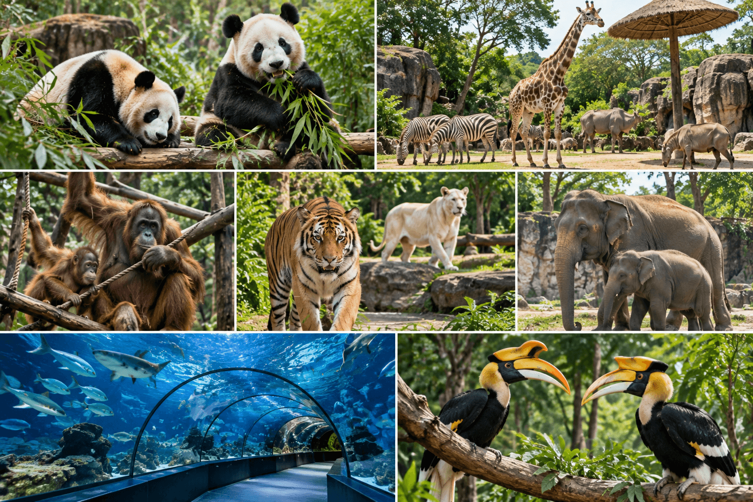 Zoo Negara animals and exhibits including pandas, giraffes, orangutans, elephants, aquarium fish, and hornbills
