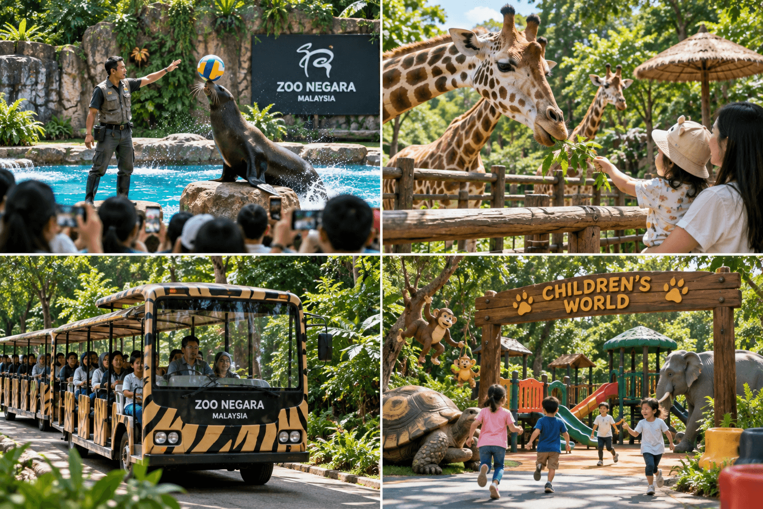 Family activities at Zoo Negara including an animal show, giraffe feeding, zoo tram ride, and children’s area
