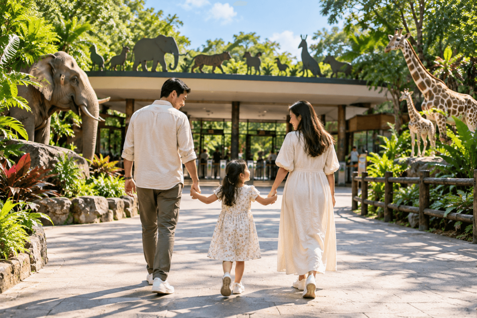 Family arriving at Zoo Negara on a sunny day with tropical gardens and animals around the entrance
