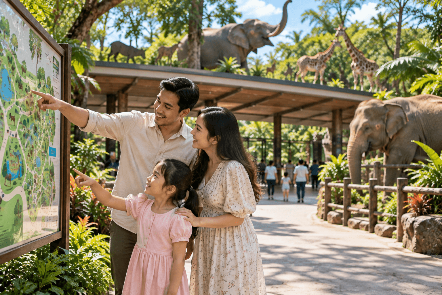 Family checking the zoo map before exploring Zoo Negara
