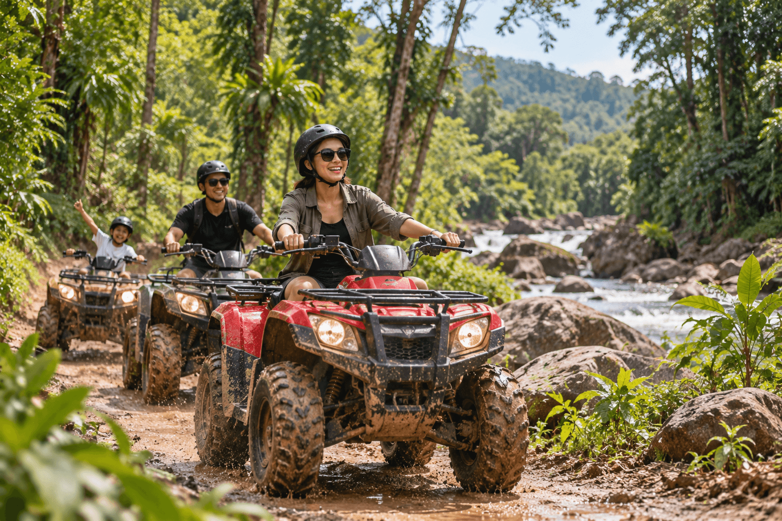 Family enjoying an ATV adventure through the tropical forest near Zoo Negara