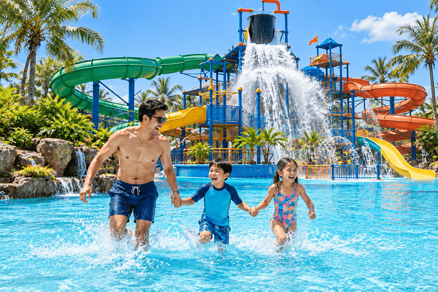 Family enjoying the water slides and pools at Adventure Waterpark Desaru Coast