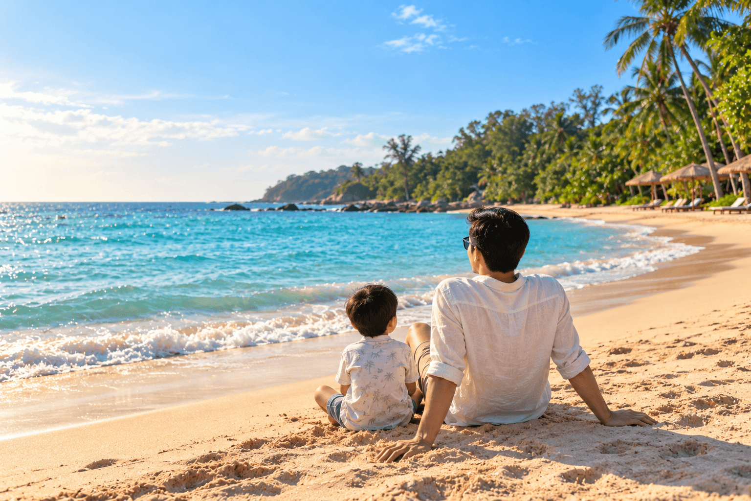Father and child relaxing on the sandy shore of Desaru Beach