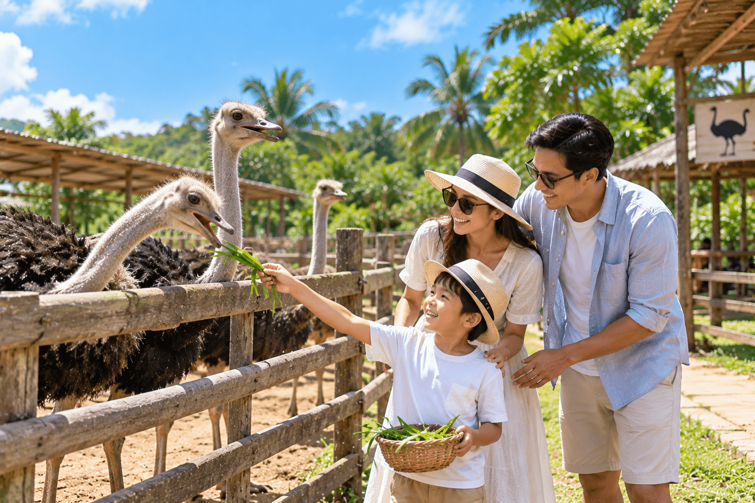 Family feeding ostriches at Desaru Ostrich Farm