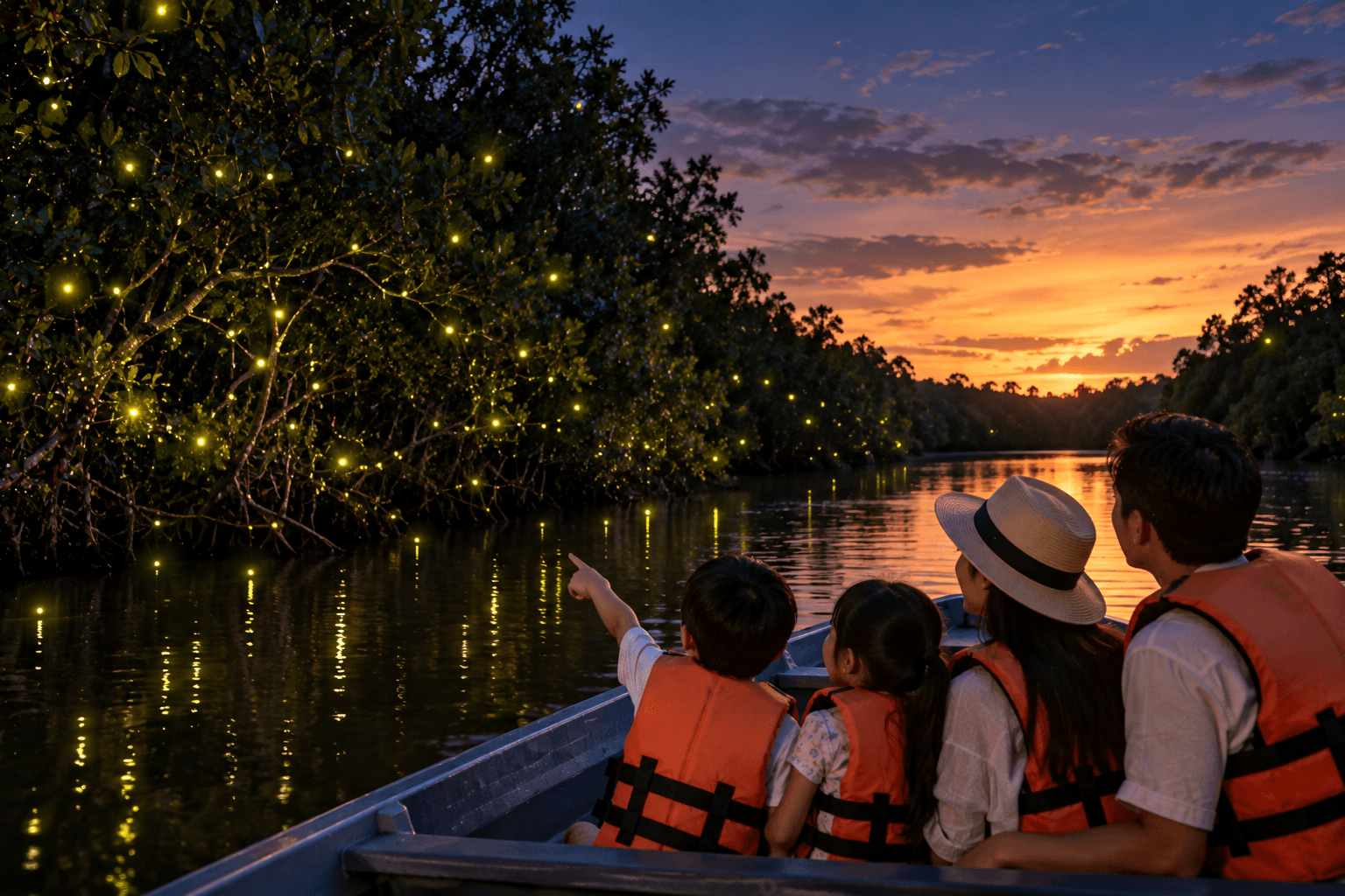 Family watching fireflies from a boat along Sungai Lebam at sunset