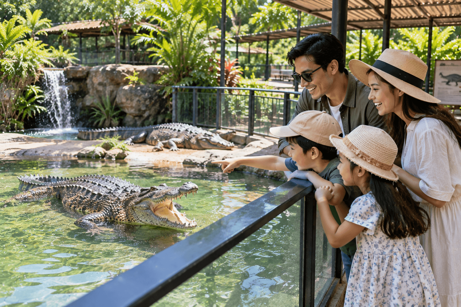 Family watching crocodiles at Teluk Sengat Crocodile Farm