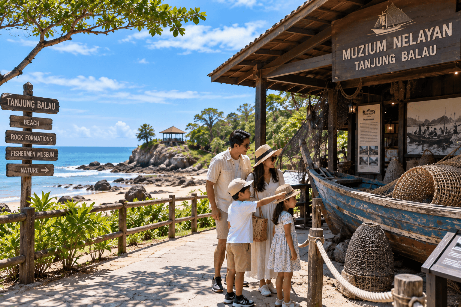 Family exploring traditional fishing exhibits at Tanjung Balau Fishermen Museum