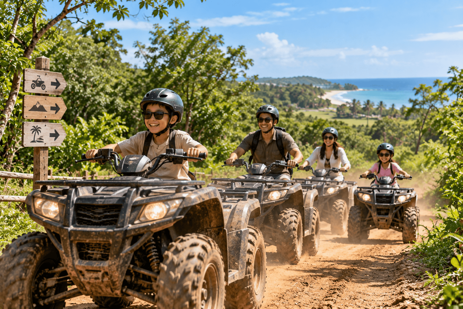 Family riding ATVs along a tropical trail in Desaru