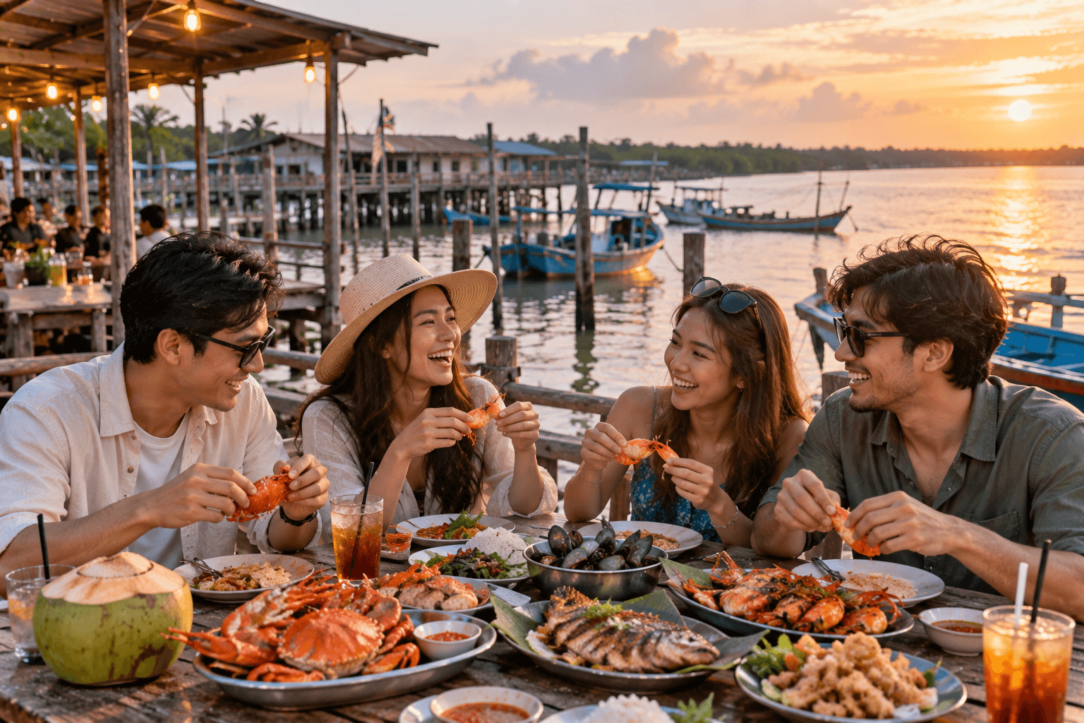 Friends enjoying fresh seafood at a waterfront restaurant in Sungai Rengit