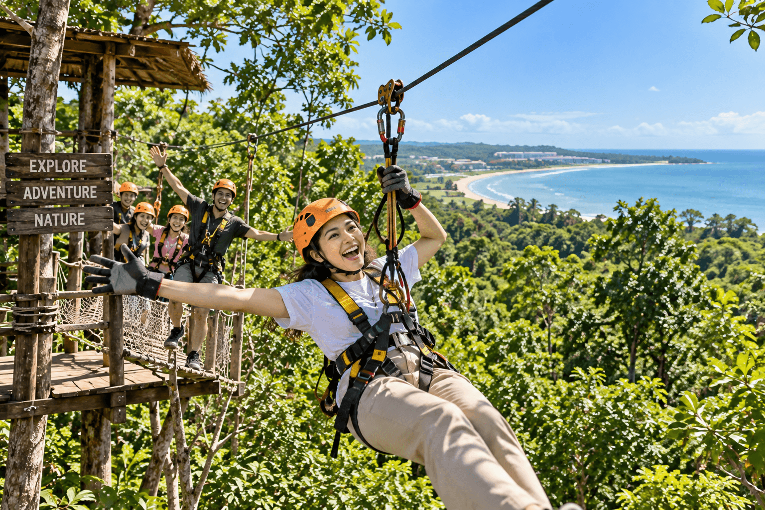 Visitor riding a zipline through the tropical forest in Desaru