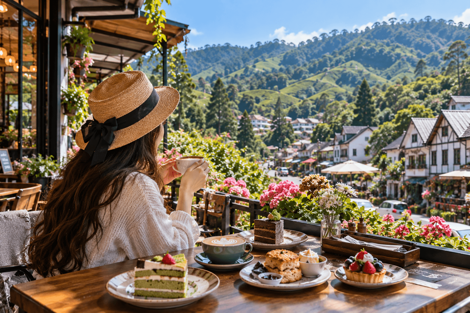 Woman enjoying coffee and pastries at a scenic cafe in Cameron Highlands