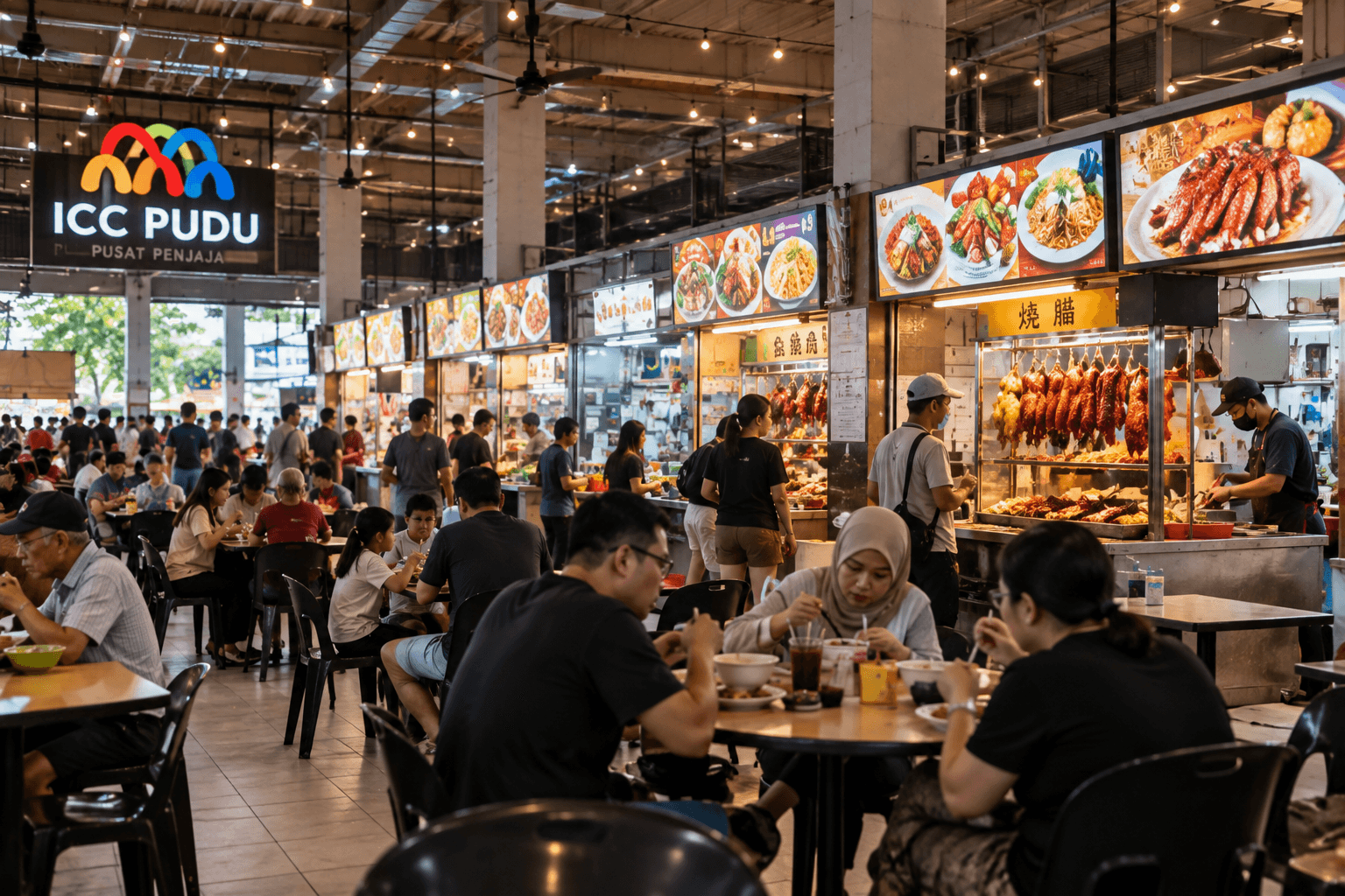 Diners enjoying Malaysian street food at ICC Pudu hawker centre in Kuala Lumpur