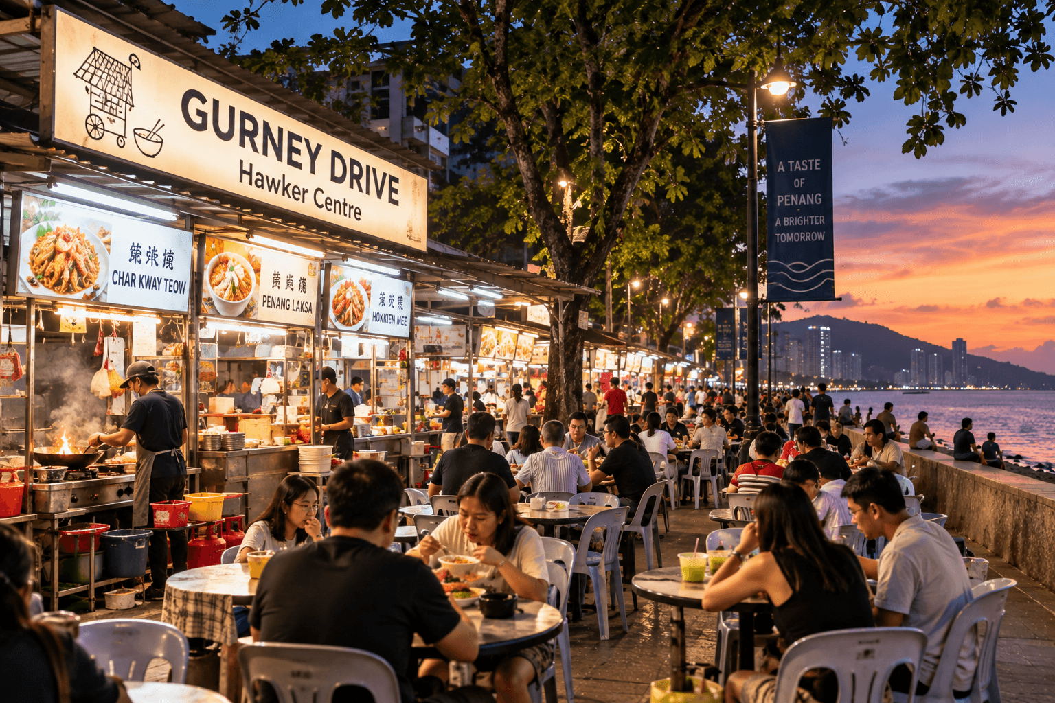 Diners enjoying local food at Gurney Drive Hawker Centre in Penang by the waterfront